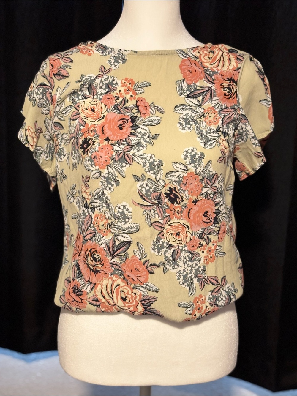 DownEast Floral Short Sleeve Blouse in Sage and Coral